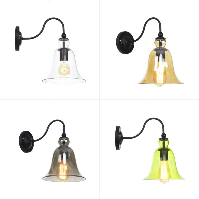 Green/Clear/Amber Glass Carillon Wall Light Loft 1 Bulb Living Room Gooseneck Wall Mounted Lamp in Black Clearhalo 'Cast Iron' 'Glass' 'Industrial wall lights' 'Industrial' 'Middle century wall lights' 'Modern' 'Tiffany' 'Traditional wall lights' 'Wall Lamps & Sconces' 'Wall Lights' Lighting' 1917553