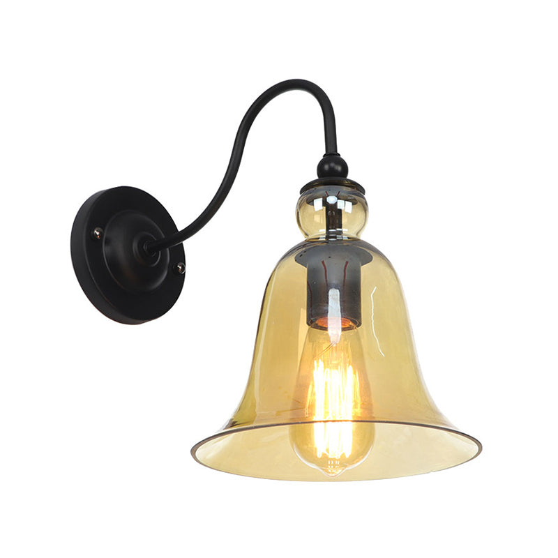 Green/Clear/Amber Glass Carillon Wall Light Loft 1 Bulb Living Room Gooseneck Wall Mounted Lamp in Black Amber Clearhalo 'Cast Iron' 'Glass' 'Industrial wall lights' 'Industrial' 'Middle century wall lights' 'Modern' 'Tiffany' 'Traditional wall lights' 'Wall Lamps & Sconces' 'Wall Lights' Lighting' 1917554