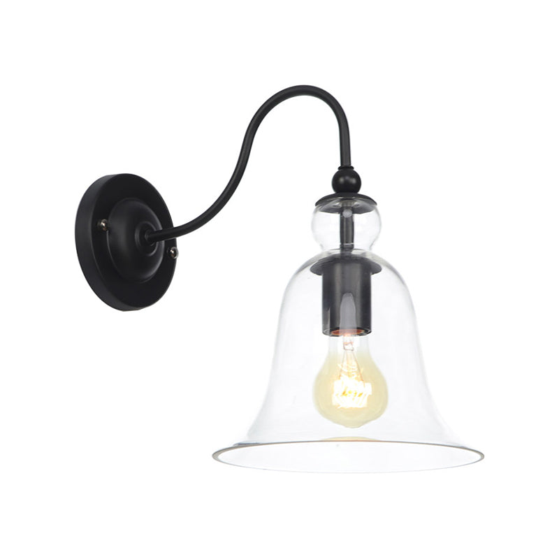 Green/Clear/Amber Glass Carillon Wall Light Loft 1 Bulb Living Room Gooseneck Wall Mounted Lamp in Black Clear Clearhalo 'Cast Iron' 'Glass' 'Industrial wall lights' 'Industrial' 'Middle century wall lights' 'Modern' 'Tiffany' 'Traditional wall lights' 'Wall Lamps & Sconces' 'Wall Lights' Lighting' 1917556