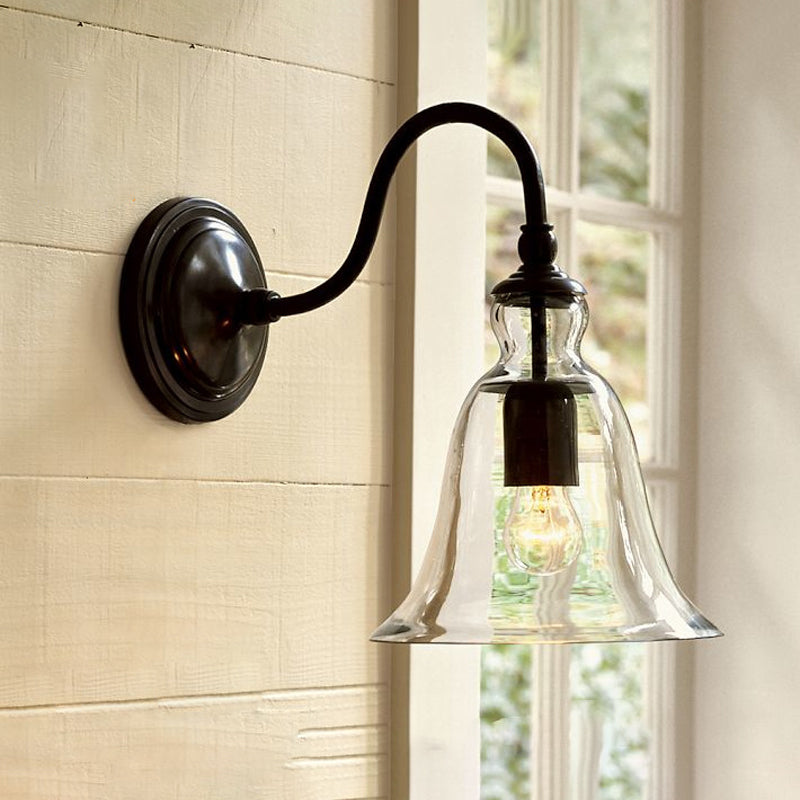 Vintage Gooseneck Wall Mount Light Single-Bulb Clear Flared Glass Wall Lighting in Black Clear Clearhalo 'Cast Iron' 'Glass' 'Industrial wall lights' 'Industrial' 'Middle century wall lights' 'Modern' 'Tiffany' 'Traditional wall lights' 'Wall Lamps & Sconces' 'Wall Lights' Lighting' 1917559