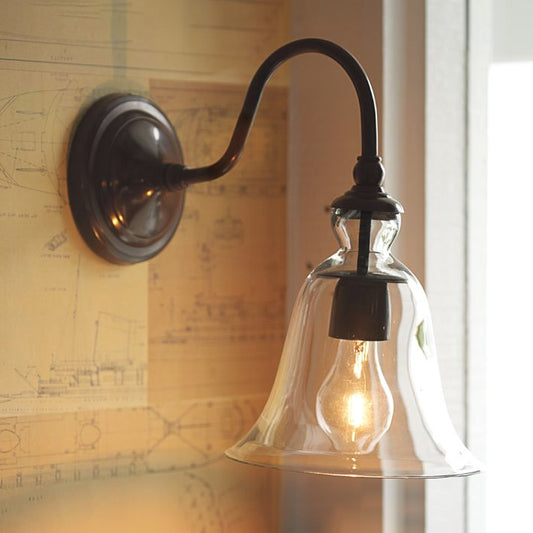 Vintage Gooseneck Wall Mount Light Single-Bulb Clear Flared Glass Wall Lighting in Black Clearhalo 'Cast Iron' 'Glass' 'Industrial wall lights' 'Industrial' 'Middle century wall lights' 'Modern' 'Tiffany' 'Traditional wall lights' 'Wall Lamps & Sconces' 'Wall Lights' Lighting' 1917560