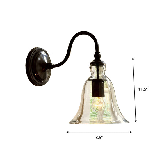 Vintage Gooseneck Wall Mount Light Single-Bulb Clear Flared Glass Wall Lighting in Black Clearhalo 'Cast Iron' 'Glass' 'Industrial wall lights' 'Industrial' 'Middle century wall lights' 'Modern' 'Tiffany' 'Traditional wall lights' 'Wall Lamps & Sconces' 'Wall Lights' Lighting' 1917562
