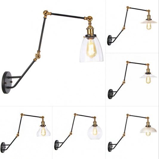 Adjustable 3-Joint Arm Iron Wall Lamp Industrial 1 Head Bedroom Wall Reading Light with Globe/Saucer Clear Glass Shade Clearhalo 'Art deco wall lights' 'Cast Iron' 'Glass' 'Industrial wall lights' 'Industrial' 'Middle century wall lights' 'Modern' 'Rustic wall lights' 'Tiffany' 'Traditional wall lights' 'Wall Lamps & Sconces' 'Wall Lights' Lighting' 1917563