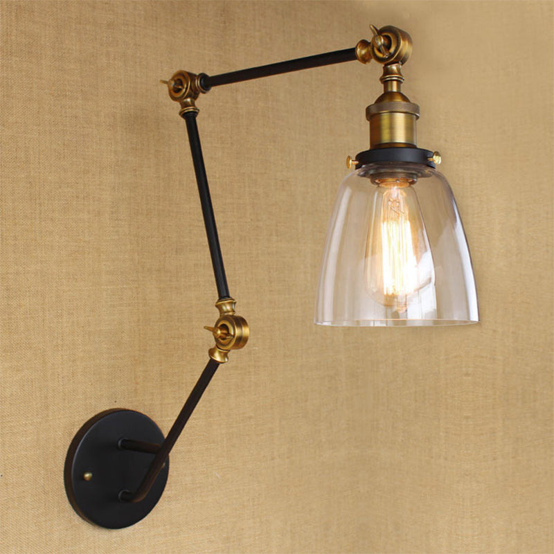 Adjustable 3-Joint Arm Iron Wall Lamp Industrial 1 Head Bedroom Wall Reading Light with Globe/Saucer Clear Glass Shade Clear A Clearhalo 'Art deco wall lights' 'Cast Iron' 'Glass' 'Industrial wall lights' 'Industrial' 'Middle century wall lights' 'Modern' 'Rustic wall lights' 'Tiffany' 'Traditional wall lights' 'Wall Lamps & Sconces' 'Wall Lights' Lighting' 1917564