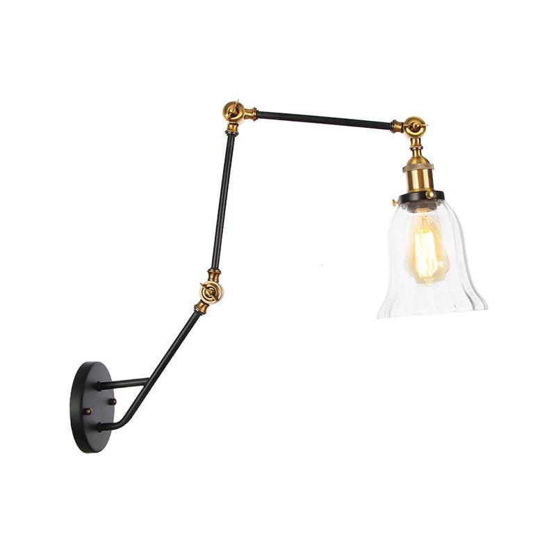 Adjustable 3-Joint Arm Iron Wall Lamp Industrial 1 Head Bedroom Wall Reading Light with Globe/Saucer Clear Glass Shade Clearhalo 'Art deco wall lights' 'Cast Iron' 'Glass' 'Industrial wall lights' 'Industrial' 'Middle century wall lights' 'Modern' 'Rustic wall lights' 'Tiffany' 'Traditional wall lights' 'Wall Lamps & Sconces' 'Wall Lights' Lighting' 1917565