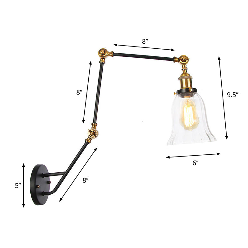 Adjustable 3-Joint Arm Iron Wall Lamp Industrial 1 Head Bedroom Wall Reading Light with Globe/Saucer Clear Glass Shade Clearhalo 'Art deco wall lights' 'Cast Iron' 'Glass' 'Industrial wall lights' 'Industrial' 'Middle century wall lights' 'Modern' 'Rustic wall lights' 'Tiffany' 'Traditional wall lights' 'Wall Lamps & Sconces' 'Wall Lights' Lighting' 1917566