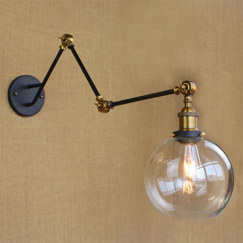 Adjustable 3-Joint Arm Iron Wall Lamp Industrial 1 Head Bedroom Wall Reading Light with Globe/Saucer Clear Glass Shade Clear B Clearhalo 'Art deco wall lights' 'Cast Iron' 'Glass' 'Industrial wall lights' 'Industrial' 'Middle century wall lights' 'Modern' 'Rustic wall lights' 'Tiffany' 'Traditional wall lights' 'Wall Lamps & Sconces' 'Wall Lights' Lighting' 1917567