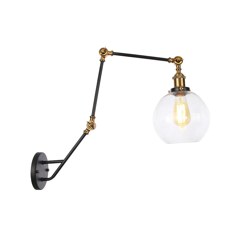 Adjustable 3-Joint Arm Iron Wall Lamp Industrial 1 Head Bedroom Wall Reading Light with Globe/Saucer Clear Glass Shade Clearhalo 'Art deco wall lights' 'Cast Iron' 'Glass' 'Industrial wall lights' 'Industrial' 'Middle century wall lights' 'Modern' 'Rustic wall lights' 'Tiffany' 'Traditional wall lights' 'Wall Lamps & Sconces' 'Wall Lights' Lighting' 1917568