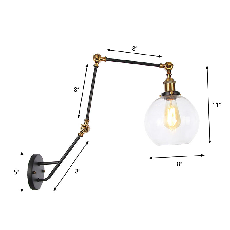Adjustable 3-Joint Arm Iron Wall Lamp Industrial 1 Head Bedroom Wall Reading Light with Globe/Saucer Clear Glass Shade Clearhalo 'Art deco wall lights' 'Cast Iron' 'Glass' 'Industrial wall lights' 'Industrial' 'Middle century wall lights' 'Modern' 'Rustic wall lights' 'Tiffany' 'Traditional wall lights' 'Wall Lamps & Sconces' 'Wall Lights' Lighting' 1917569