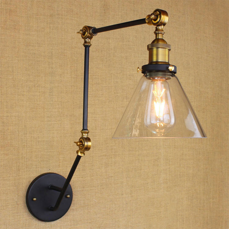 Adjustable 3-Joint Arm Iron Wall Lamp Industrial 1 Head Bedroom Wall Reading Light with Globe/Saucer Clear Glass Shade Clear C Clearhalo 'Art deco wall lights' 'Cast Iron' 'Glass' 'Industrial wall lights' 'Industrial' 'Middle century wall lights' 'Modern' 'Rustic wall lights' 'Tiffany' 'Traditional wall lights' 'Wall Lamps & Sconces' 'Wall Lights' Lighting' 1917570
