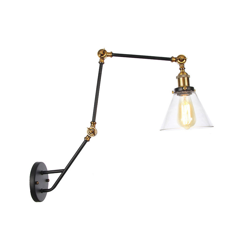 Adjustable 3-Joint Arm Iron Wall Lamp Industrial 1 Head Bedroom Wall Reading Light with Globe/Saucer Clear Glass Shade Clearhalo 'Art deco wall lights' 'Cast Iron' 'Glass' 'Industrial wall lights' 'Industrial' 'Middle century wall lights' 'Modern' 'Rustic wall lights' 'Tiffany' 'Traditional wall lights' 'Wall Lamps & Sconces' 'Wall Lights' Lighting' 1917571