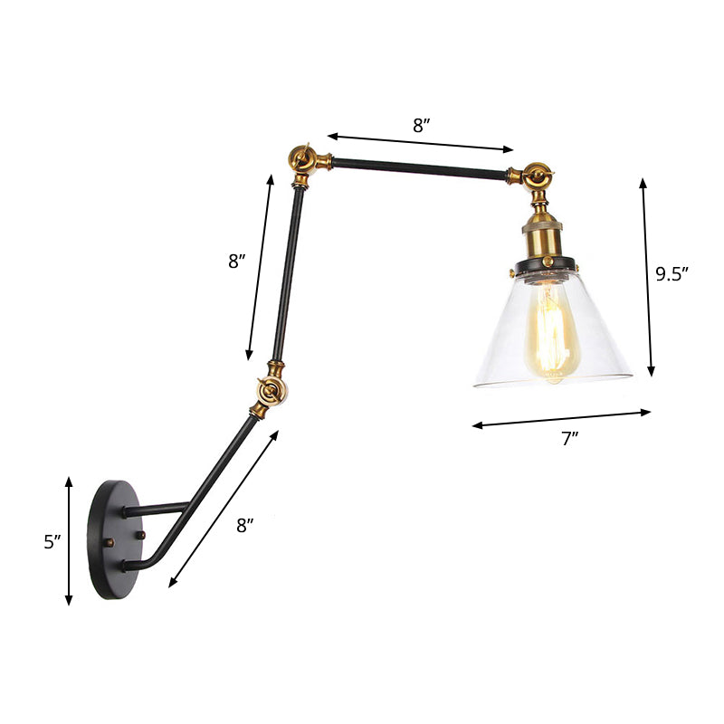 Adjustable 3-Joint Arm Iron Wall Lamp Industrial 1 Head Bedroom Wall Reading Light with Globe/Saucer Clear Glass Shade Clearhalo 'Art deco wall lights' 'Cast Iron' 'Glass' 'Industrial wall lights' 'Industrial' 'Middle century wall lights' 'Modern' 'Rustic wall lights' 'Tiffany' 'Traditional wall lights' 'Wall Lamps & Sconces' 'Wall Lights' Lighting' 1917572