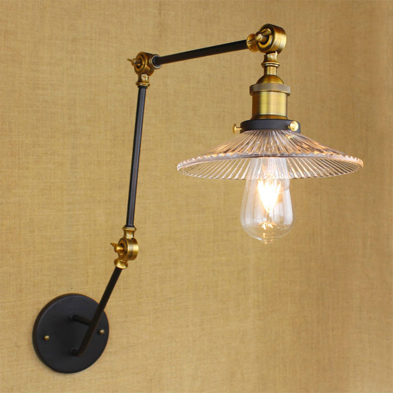 Adjustable 3-Joint Arm Iron Wall Lamp Industrial 1 Head Bedroom Wall Reading Light with Globe/Saucer Clear Glass Shade Clear D Clearhalo 'Art deco wall lights' 'Cast Iron' 'Glass' 'Industrial wall lights' 'Industrial' 'Middle century wall lights' 'Modern' 'Rustic wall lights' 'Tiffany' 'Traditional wall lights' 'Wall Lamps & Sconces' 'Wall Lights' Lighting' 1917573