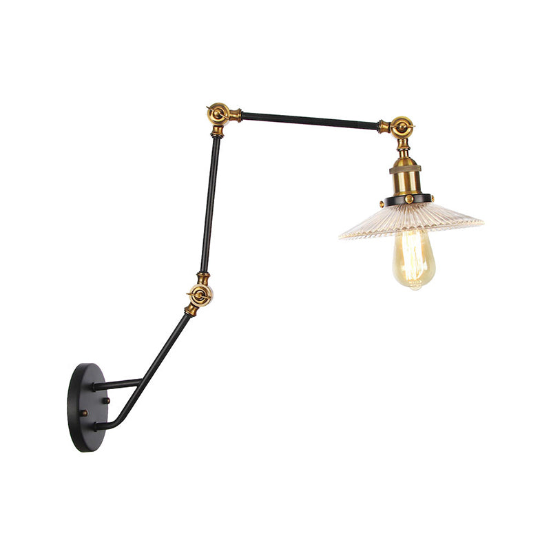 Adjustable 3-Joint Arm Iron Wall Lamp Industrial 1 Head Bedroom Wall Reading Light with Globe/Saucer Clear Glass Shade Clearhalo 'Art deco wall lights' 'Cast Iron' 'Glass' 'Industrial wall lights' 'Industrial' 'Middle century wall lights' 'Modern' 'Rustic wall lights' 'Tiffany' 'Traditional wall lights' 'Wall Lamps & Sconces' 'Wall Lights' Lighting' 1917574