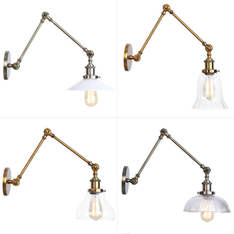 1-Light Clear Glass Wall Light Fixture Warehouse Brass/Bronze Swing Arm Task Wall Lamp with Bell/Ball Clear Glass Shade Clearhalo 'Art deco wall lights' 'Cast Iron' 'Glass' 'Industrial wall lights' 'Industrial' 'Middle century wall lights' 'Modern' 'Rustic wall lights' 'Tiffany' 'Traditional wall lights' 'Wall Lamps & Sconces' 'Wall Lights' Lighting' 1917576