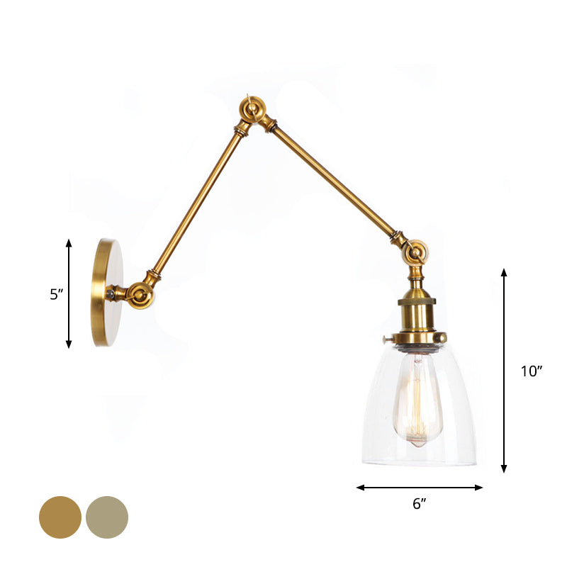 1-Light Clear Glass Wall Light Fixture Warehouse Brass/Bronze Swing Arm Task Wall Lamp with Bell/Ball Clear Glass Shade Clearhalo 'Art deco wall lights' 'Cast Iron' 'Glass' 'Industrial wall lights' 'Industrial' 'Middle century wall lights' 'Modern' 'Rustic wall lights' 'Tiffany' 'Traditional wall lights' 'Wall Lamps & Sconces' 'Wall Lights' Lighting' 1917578