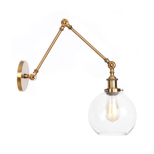 1-Light Clear Glass Wall Light Fixture Warehouse Brass/Bronze Swing Arm Task Wall Lamp with Bell/Ball Clear Glass Shade Brass B Clearhalo 'Art deco wall lights' 'Cast Iron' 'Glass' 'Industrial wall lights' 'Industrial' 'Middle century wall lights' 'Modern' 'Rustic wall lights' 'Tiffany' 'Traditional wall lights' 'Wall Lamps & Sconces' 'Wall Lights' Lighting' 1917580
