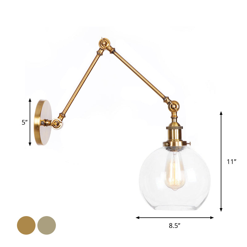 1-Light Clear Glass Wall Light Fixture Warehouse Brass/Bronze Swing Arm Task Wall Lamp with Bell/Ball Clear Glass Shade Clearhalo 'Art deco wall lights' 'Cast Iron' 'Glass' 'Industrial wall lights' 'Industrial' 'Middle century wall lights' 'Modern' 'Rustic wall lights' 'Tiffany' 'Traditional wall lights' 'Wall Lamps & Sconces' 'Wall Lights' Lighting' 1917581