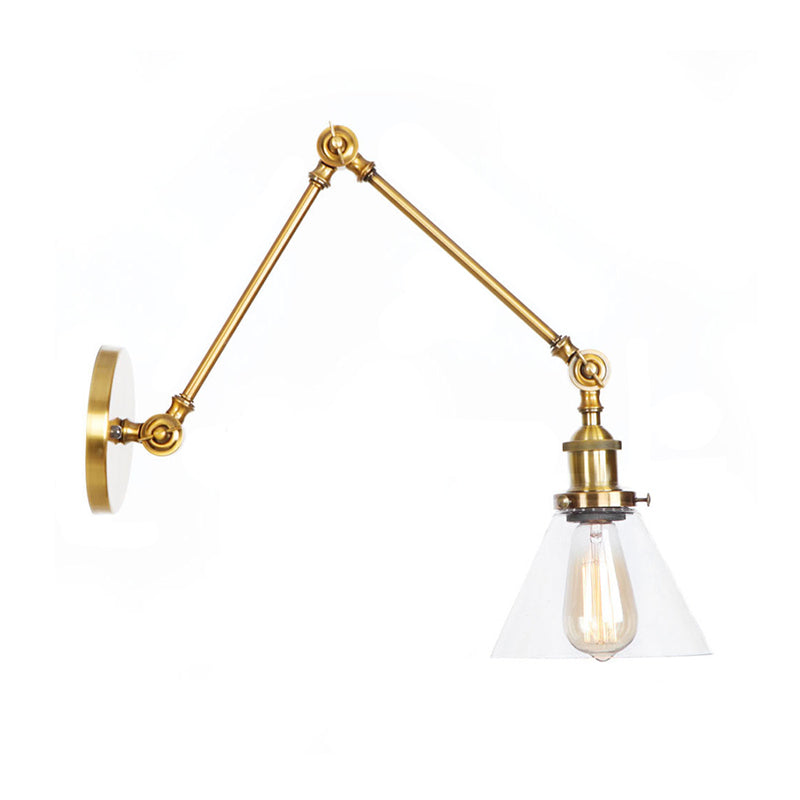 1-Light Clear Glass Wall Light Fixture Warehouse Brass/Bronze Swing Arm Task Wall Lamp with Bell/Ball Clear Glass Shade Brass C Clearhalo 'Art deco wall lights' 'Cast Iron' 'Glass' 'Industrial wall lights' 'Industrial' 'Middle century wall lights' 'Modern' 'Rustic wall lights' 'Tiffany' 'Traditional wall lights' 'Wall Lamps & Sconces' 'Wall Lights' Lighting' 1917583