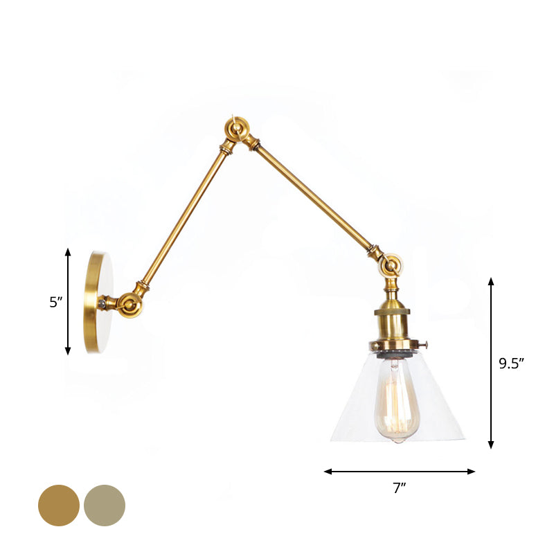 1-Light Clear Glass Wall Light Fixture Warehouse Brass/Bronze Swing Arm Task Wall Lamp with Bell/Ball Clear Glass Shade Clearhalo 'Art deco wall lights' 'Cast Iron' 'Glass' 'Industrial wall lights' 'Industrial' 'Middle century wall lights' 'Modern' 'Rustic wall lights' 'Tiffany' 'Traditional wall lights' 'Wall Lamps & Sconces' 'Wall Lights' Lighting' 1917584