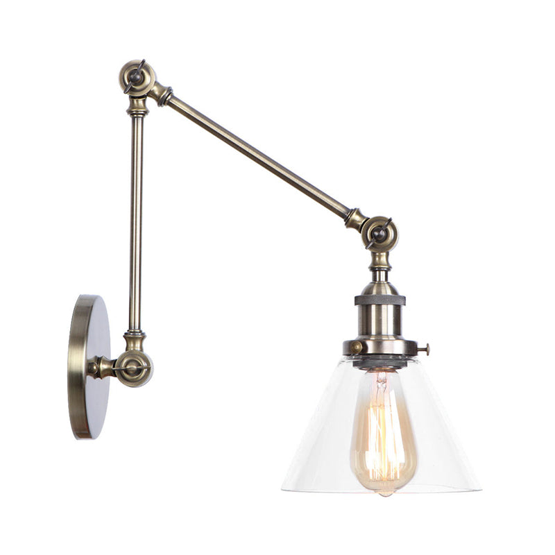 1-Light Clear Glass Wall Light Fixture Warehouse Brass/Bronze Swing Arm Task Wall Lamp with Bell/Ball Clear Glass Shade Bronze C Clearhalo 'Art deco wall lights' 'Cast Iron' 'Glass' 'Industrial wall lights' 'Industrial' 'Middle century wall lights' 'Modern' 'Rustic wall lights' 'Tiffany' 'Traditional wall lights' 'Wall Lamps & Sconces' 'Wall Lights' Lighting' 1917585