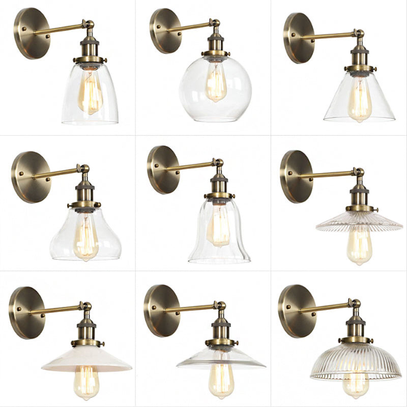 Brass Cone/Bell Swivel Shade Wall Light Industrial Clear Glass Single Dining Room Wall Mount Light Fixture Clearhalo 'Art deco wall lights' 'Cast Iron' 'Glass' 'Industrial wall lights' 'Industrial' 'Middle century wall lights' 'Modern' 'Rustic wall lights' 'Tiffany' 'Traditional wall lights' 'Wall Lamps & Sconces' 'Wall Lights' Lighting' 1917589