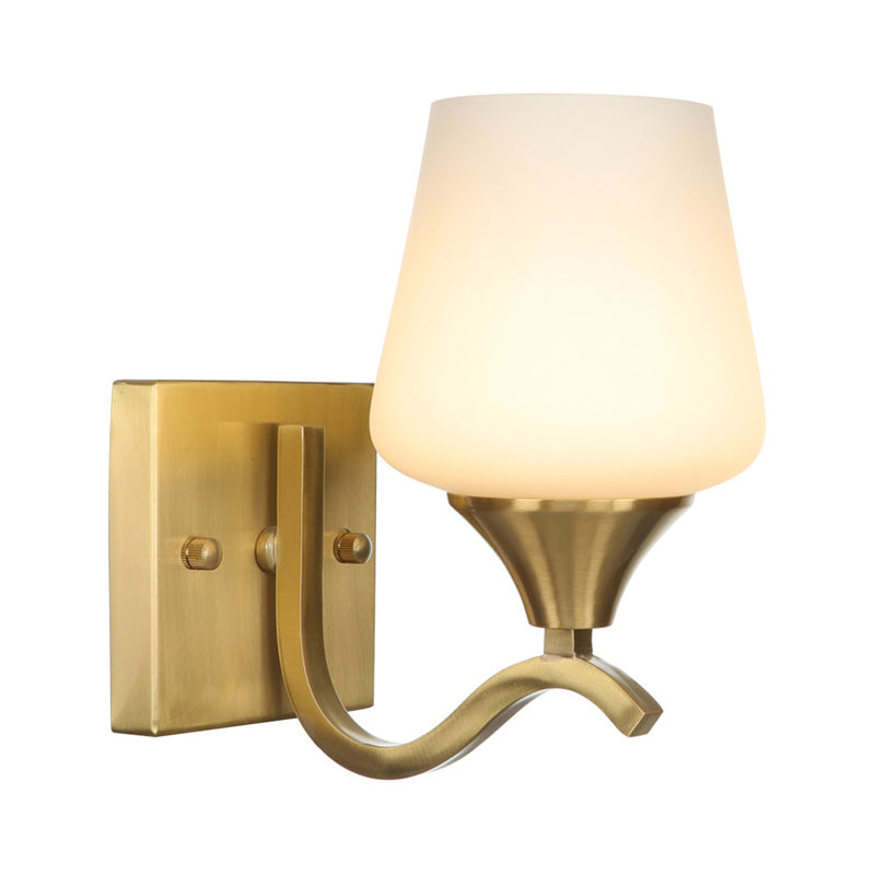 Brass 1-Light Wall Lamp Fixture Antique Frosted White Glass Tulip Shade/Cylinder Wall Mount Light with Arm Brass C Clearhalo 'Art deco wall lights' 'Cast Iron' 'Glass' 'Industrial wall lights' 'Industrial' 'Middle century wall lights' 'Modern' 'Rustic wall lights' 'Tiffany' 'Traditional wall lights' 'Wall Lamps & Sconces' 'Wall Lights' Lighting' 1917613