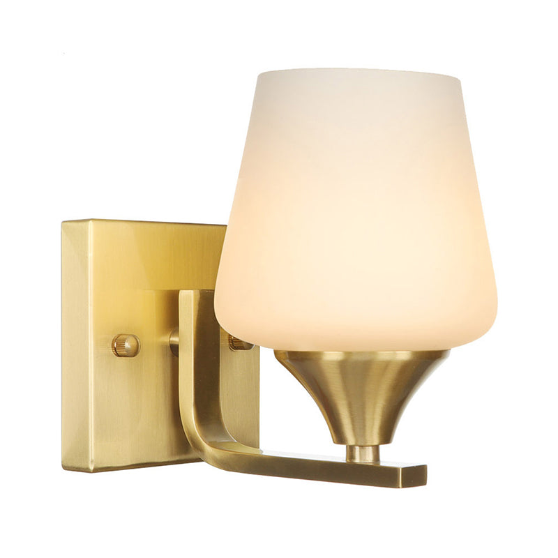 Brass 1-Light Wall Lamp Fixture Antique Frosted White Glass Tulip Shade/Cylinder Wall Mount Light with Arm Brass G Clearhalo 'Art deco wall lights' 'Cast Iron' 'Glass' 'Industrial wall lights' 'Industrial' 'Middle century wall lights' 'Modern' 'Rustic wall lights' 'Tiffany' 'Traditional wall lights' 'Wall Lamps & Sconces' 'Wall Lights' Lighting' 1917632
