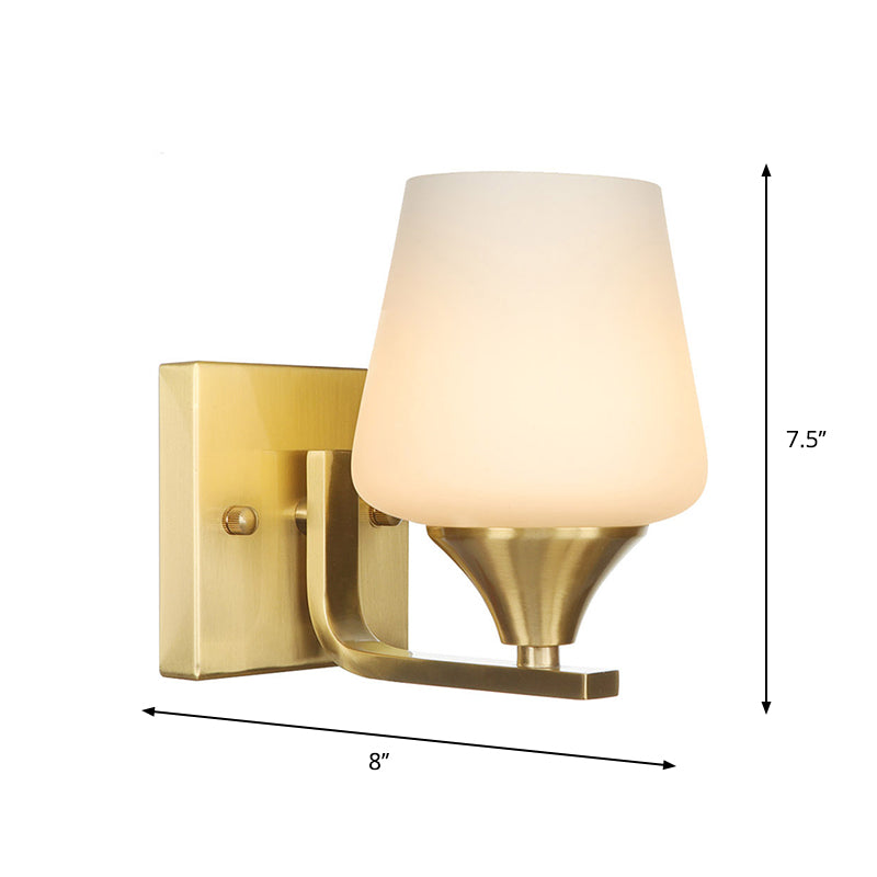 Brass 1-Light Wall Lamp Fixture Antique Frosted White Glass Tulip Shade/Cylinder Wall Mount Light with Arm Clearhalo 'Art deco wall lights' 'Cast Iron' 'Glass' 'Industrial wall lights' 'Industrial' 'Middle century wall lights' 'Modern' 'Rustic wall lights' 'Tiffany' 'Traditional wall lights' 'Wall Lamps & Sconces' 'Wall Lights' Lighting' 1917633