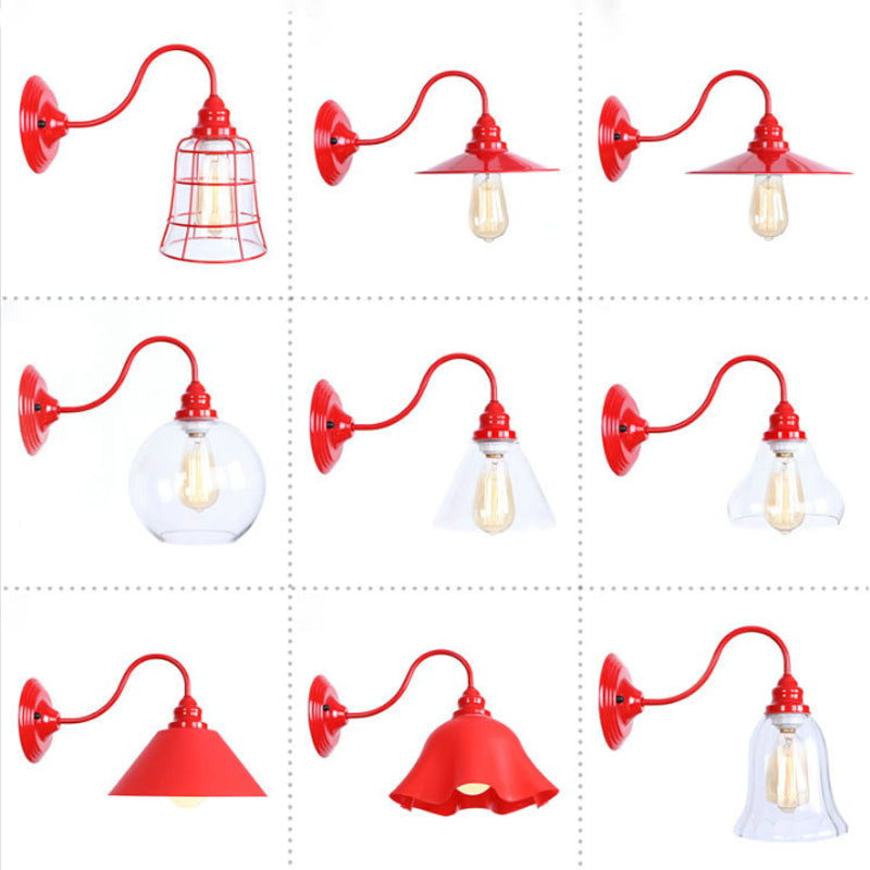 Iron Red Wall Light Kit Gooseneck 1 Bulb Loft Style Wall Lighting with Cone/Sphere/Bell Clear Glass Shade Clearhalo 'Art deco wall lights' 'Cast Iron' 'Glass' 'Industrial wall lights' 'Industrial' 'Middle century wall lights' 'Modern' 'Rustic wall lights' 'Tiffany' 'Traditional wall lights' 'Wall Lamps & Sconces' 'Wall Lights' Lighting' 1917634