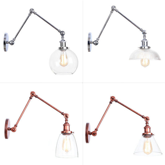 1 Head Swing Arm Wall Light Industrial Conical/Global/Bell Clear Glass Wall Mount Reading Lamp in Chrome/Rust Clearhalo 'Art deco wall lights' 'Cast Iron' 'Glass' 'Industrial wall lights' 'Industrial' 'Middle century wall lights' 'Modern' 'Rustic wall lights' 'Tiffany' 'Traditional wall lights' 'Wall Lamps & Sconces' 'Wall Lights' Lighting' 1917651