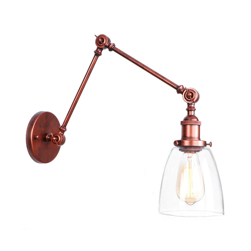 1 Head Swing Arm Wall Light Industrial Conical/Global/Bell Clear Glass Wall Mount Reading Lamp in Chrome/Rust Rust A Clearhalo 'Art deco wall lights' 'Cast Iron' 'Glass' 'Industrial wall lights' 'Industrial' 'Middle century wall lights' 'Modern' 'Rustic wall lights' 'Tiffany' 'Traditional wall lights' 'Wall Lamps & Sconces' 'Wall Lights' Lighting' 1917652