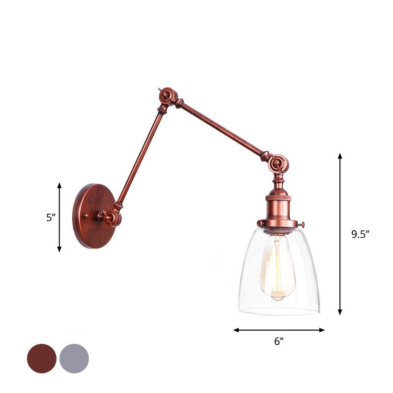 1 Head Swing Arm Wall Light Industrial Conical/Global/Bell Clear Glass Wall Mount Reading Lamp in Chrome/Rust Clearhalo 'Art deco wall lights' 'Cast Iron' 'Glass' 'Industrial wall lights' 'Industrial' 'Middle century wall lights' 'Modern' 'Rustic wall lights' 'Tiffany' 'Traditional wall lights' 'Wall Lamps & Sconces' 'Wall Lights' Lighting' 1917653