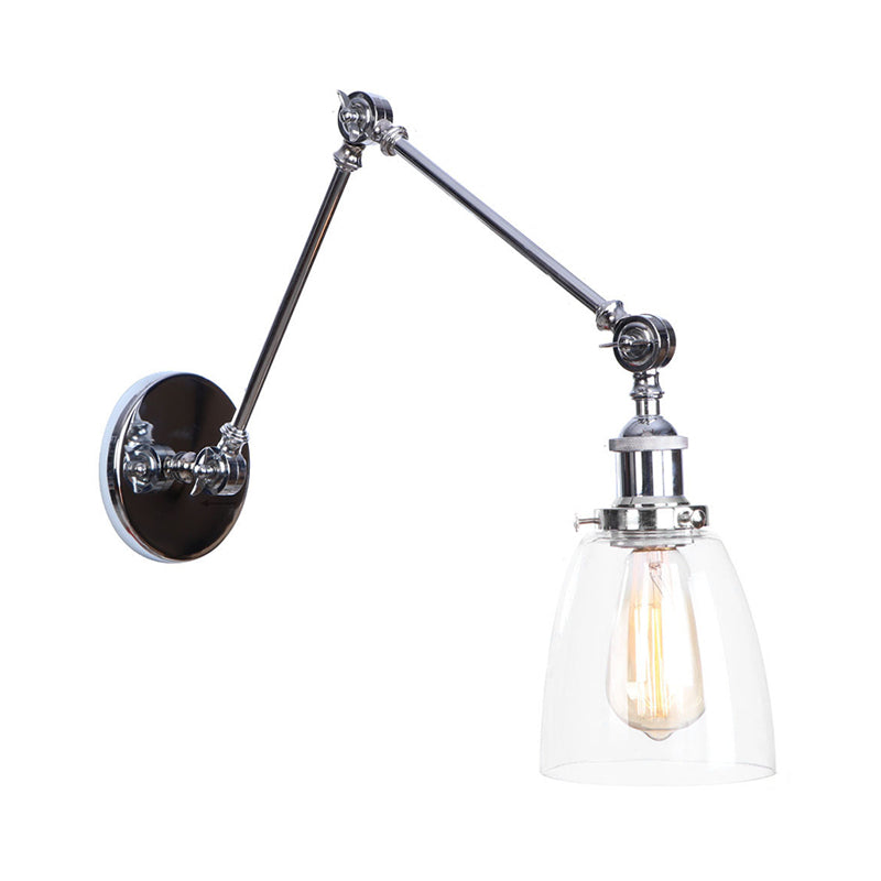 1 Head Swing Arm Wall Light Industrial Conical/Global/Bell Clear Glass Wall Mount Reading Lamp in Chrome/Rust Chrome A Clearhalo 'Art deco wall lights' 'Cast Iron' 'Glass' 'Industrial wall lights' 'Industrial' 'Middle century wall lights' 'Modern' 'Rustic wall lights' 'Tiffany' 'Traditional wall lights' 'Wall Lamps & Sconces' 'Wall Lights' Lighting' 1917654