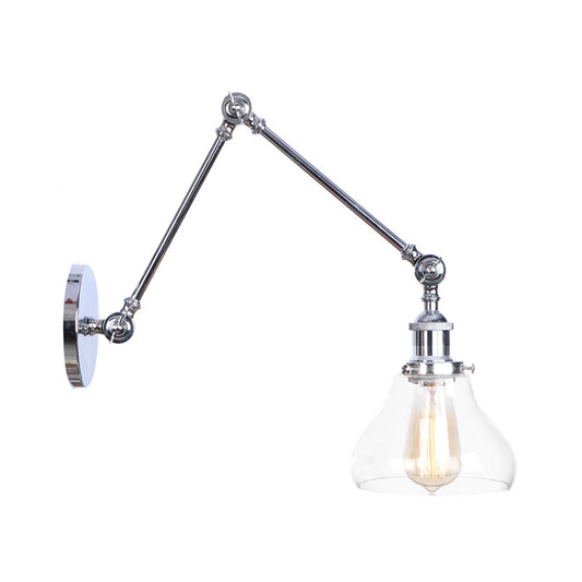1 Head Swing Arm Wall Light Industrial Conical/Global/Bell Clear Glass Wall Mount Reading Lamp in Chrome/Rust Chrome D Clearhalo 'Art deco wall lights' 'Cast Iron' 'Glass' 'Industrial wall lights' 'Industrial' 'Middle century wall lights' 'Modern' 'Rustic wall lights' 'Tiffany' 'Traditional wall lights' 'Wall Lamps & Sconces' 'Wall Lights' Lighting' 1917657