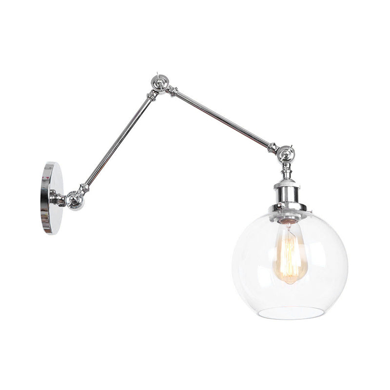 1 Head Swing Arm Wall Light Industrial Conical/Global/Bell Clear Glass Wall Mount Reading Lamp in Chrome/Rust Chrome B Clearhalo 'Art deco wall lights' 'Cast Iron' 'Glass' 'Industrial wall lights' 'Industrial' 'Middle century wall lights' 'Modern' 'Rustic wall lights' 'Tiffany' 'Traditional wall lights' 'Wall Lamps & Sconces' 'Wall Lights' Lighting' 1917658