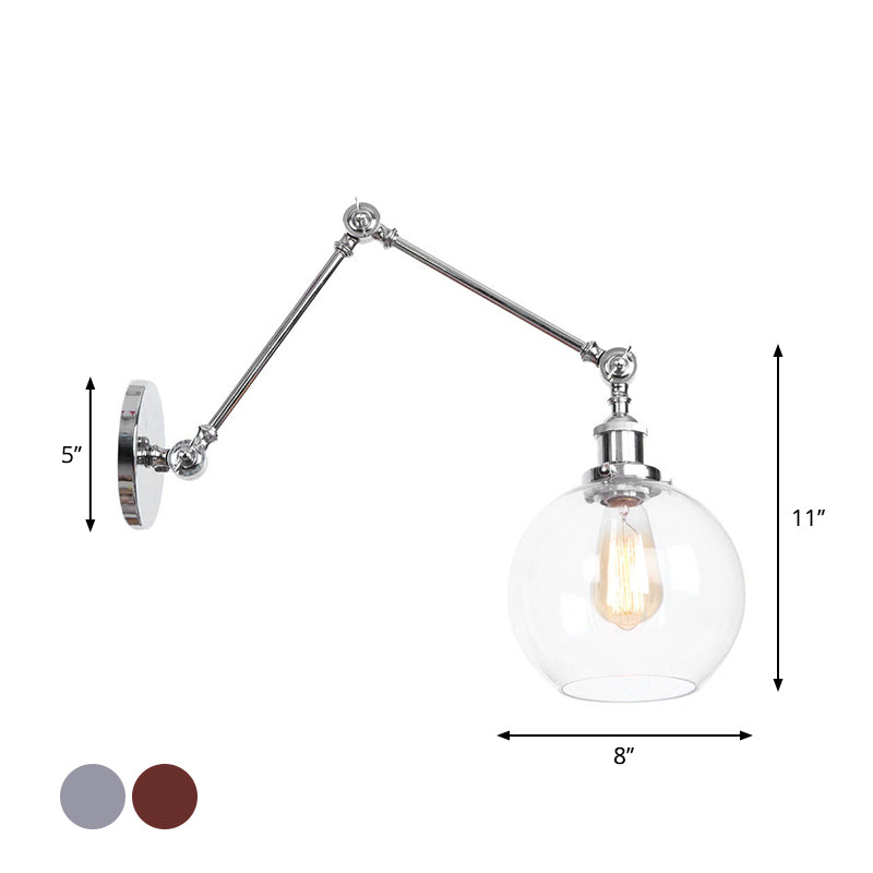 1 Head Swing Arm Wall Light Industrial Conical/Global/Bell Clear Glass Wall Mount Reading Lamp in Chrome/Rust Clearhalo 'Art deco wall lights' 'Cast Iron' 'Glass' 'Industrial wall lights' 'Industrial' 'Middle century wall lights' 'Modern' 'Rustic wall lights' 'Tiffany' 'Traditional wall lights' 'Wall Lamps & Sconces' 'Wall Lights' Lighting' 1917659