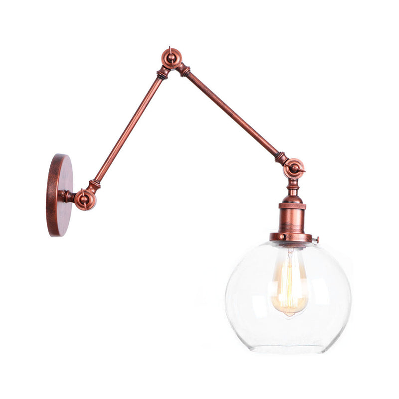 1 Head Swing Arm Wall Light Industrial Conical/Global/Bell Clear Glass Wall Mount Reading Lamp in Chrome/Rust Rust B Clearhalo 'Art deco wall lights' 'Cast Iron' 'Glass' 'Industrial wall lights' 'Industrial' 'Middle century wall lights' 'Modern' 'Rustic wall lights' 'Tiffany' 'Traditional wall lights' 'Wall Lamps & Sconces' 'Wall Lights' Lighting' 1917660