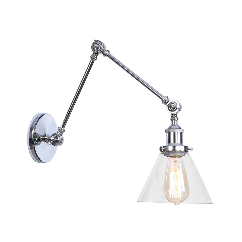 1 Head Swing Arm Wall Light Industrial Conical/Global/Bell Clear Glass Wall Mount Reading Lamp in Chrome/Rust Chrome C Clearhalo 'Art deco wall lights' 'Cast Iron' 'Glass' 'Industrial wall lights' 'Industrial' 'Middle century wall lights' 'Modern' 'Rustic wall lights' 'Tiffany' 'Traditional wall lights' 'Wall Lamps & Sconces' 'Wall Lights' Lighting' 1917661