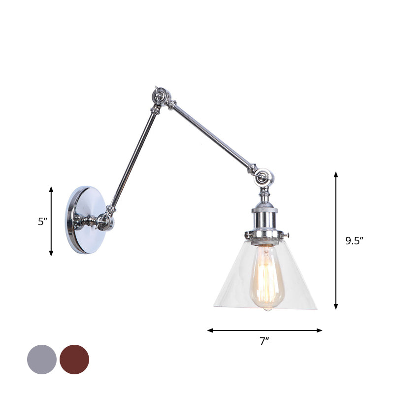 1 Head Swing Arm Wall Light Industrial Conical/Global/Bell Clear Glass Wall Mount Reading Lamp in Chrome/Rust Clearhalo 'Art deco wall lights' 'Cast Iron' 'Glass' 'Industrial wall lights' 'Industrial' 'Middle century wall lights' 'Modern' 'Rustic wall lights' 'Tiffany' 'Traditional wall lights' 'Wall Lamps & Sconces' 'Wall Lights' Lighting' 1917662