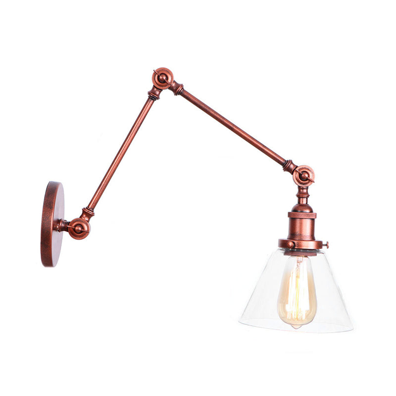 1 Head Swing Arm Wall Light Industrial Conical/Global/Bell Clear Glass Wall Mount Reading Lamp in Chrome/Rust Rust C Clearhalo 'Art deco wall lights' 'Cast Iron' 'Glass' 'Industrial wall lights' 'Industrial' 'Middle century wall lights' 'Modern' 'Rustic wall lights' 'Tiffany' 'Traditional wall lights' 'Wall Lamps & Sconces' 'Wall Lights' Lighting' 1917663