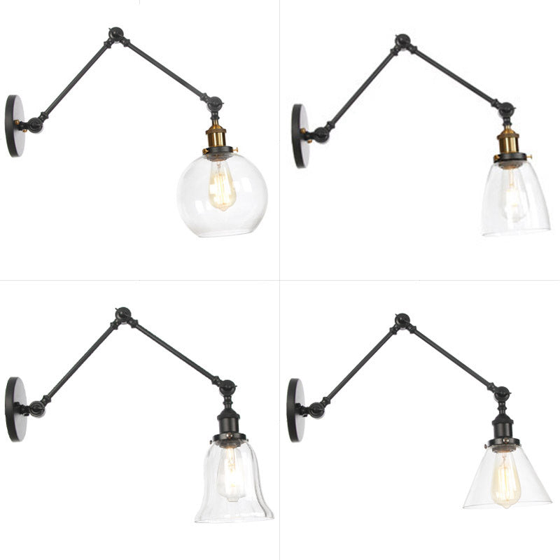 Swing Arm Dorm Room Task Wall Lamp Loft Iron Single Black/Black-Gold Wall Lighting with Ball/Bell Clear Glass Shade Clearhalo 'Art deco wall lights' 'Cast Iron' 'Glass' 'Industrial wall lights' 'Industrial' 'Middle century wall lights' 'Modern' 'Rustic wall lights' 'Tiffany' 'Traditional wall lights' 'Wall Lamps & Sconces' 'Wall Lights' Lighting' 1917664