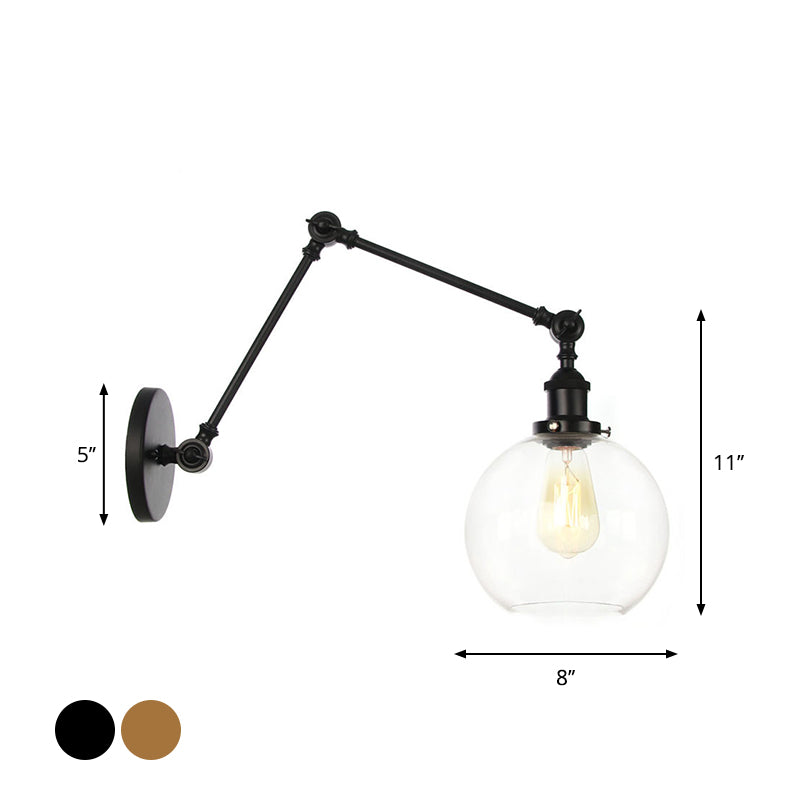 Swing Arm Dorm Room Task Wall Lamp Loft Iron Single Black/Black-Gold Wall Lighting with Ball/Bell Clear Glass Shade Clearhalo 'Art deco wall lights' 'Cast Iron' 'Glass' 'Industrial wall lights' 'Industrial' 'Middle century wall lights' 'Modern' 'Rustic wall lights' 'Tiffany' 'Traditional wall lights' 'Wall Lamps & Sconces' 'Wall Lights' Lighting' 1917666