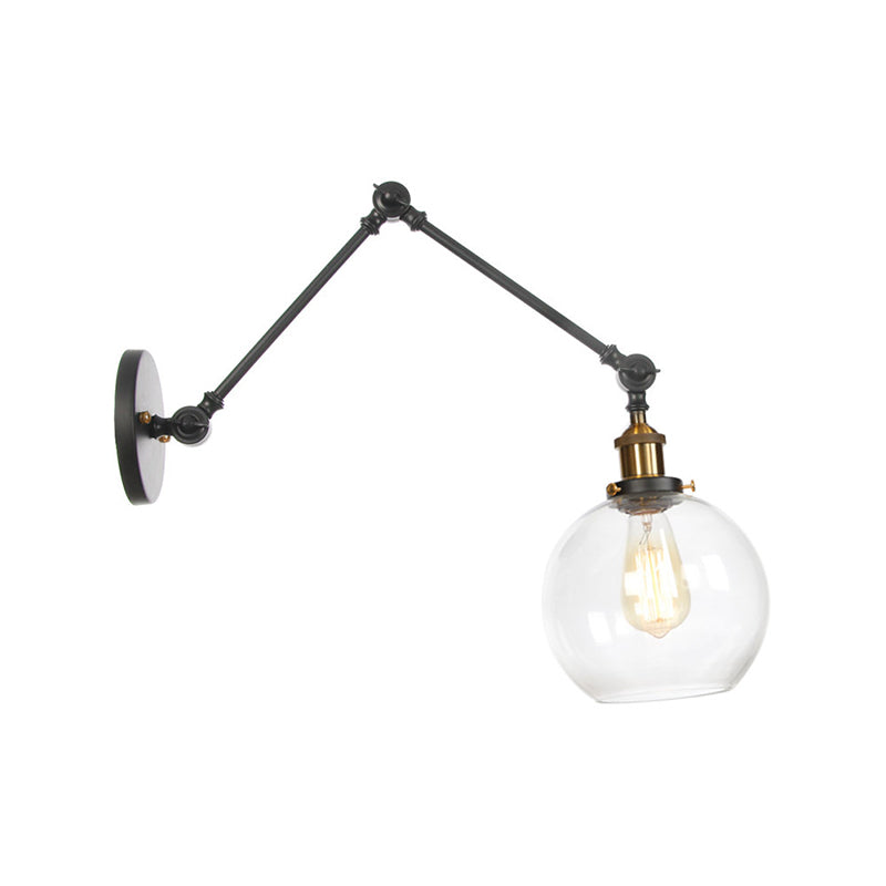 Swing Arm Dorm Room Task Wall Lamp Loft Iron Single Black/Black-Gold Wall Lighting with Ball/Bell Clear Glass Shade Black-Gold B Clearhalo 'Art deco wall lights' 'Cast Iron' 'Glass' 'Industrial wall lights' 'Industrial' 'Middle century wall lights' 'Modern' 'Rustic wall lights' 'Tiffany' 'Traditional wall lights' 'Wall Lamps & Sconces' 'Wall Lights' Lighting' 1917667