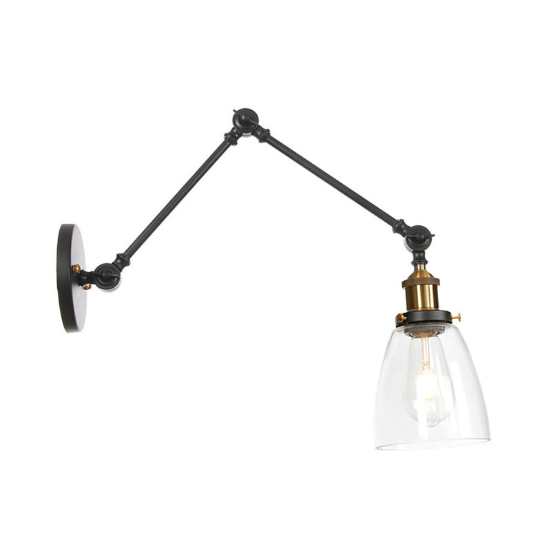 Swing Arm Dorm Room Task Wall Lamp Loft Iron Single Black/Black-Gold Wall Lighting with Ball/Bell Clear Glass Shade Black-Gold A Clearhalo 'Art deco wall lights' 'Cast Iron' 'Glass' 'Industrial wall lights' 'Industrial' 'Middle century wall lights' 'Modern' 'Rustic wall lights' 'Tiffany' 'Traditional wall lights' 'Wall Lamps & Sconces' 'Wall Lights' Lighting' 1917668