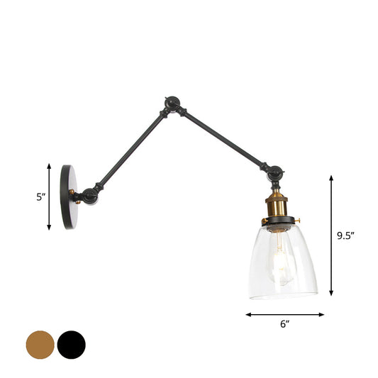 Swing Arm Dorm Room Task Wall Lamp Loft Iron Single Black/Black-Gold Wall Lighting with Ball/Bell Clear Glass Shade Clearhalo 'Art deco wall lights' 'Cast Iron' 'Glass' 'Industrial wall lights' 'Industrial' 'Middle century wall lights' 'Modern' 'Rustic wall lights' 'Tiffany' 'Traditional wall lights' 'Wall Lamps & Sconces' 'Wall Lights' Lighting' 1917669
