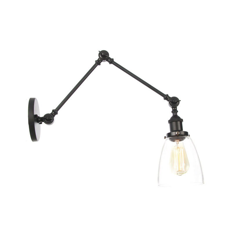 Swing Arm Dorm Room Task Wall Lamp Loft Iron Single Black/Black-Gold Wall Lighting with Ball/Bell Clear Glass Shade Black A Clearhalo 'Art deco wall lights' 'Cast Iron' 'Glass' 'Industrial wall lights' 'Industrial' 'Middle century wall lights' 'Modern' 'Rustic wall lights' 'Tiffany' 'Traditional wall lights' 'Wall Lamps & Sconces' 'Wall Lights' Lighting' 1917670