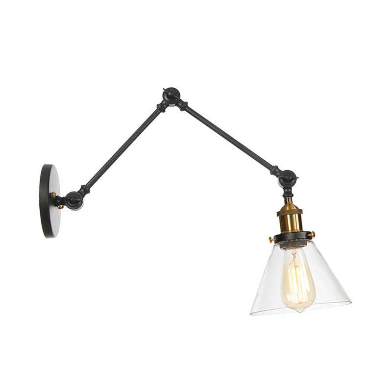 Swing Arm Dorm Room Task Wall Lamp Loft Iron Single Black/Black-Gold Wall Lighting with Ball/Bell Clear Glass Shade Black-Gold C Clearhalo 'Art deco wall lights' 'Cast Iron' 'Glass' 'Industrial wall lights' 'Industrial' 'Middle century wall lights' 'Modern' 'Rustic wall lights' 'Tiffany' 'Traditional wall lights' 'Wall Lamps & Sconces' 'Wall Lights' Lighting' 1917671