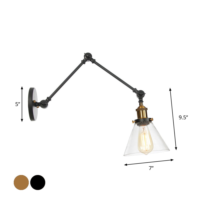Swing Arm Dorm Room Task Wall Lamp Loft Iron Single Black/Black-Gold Wall Lighting with Ball/Bell Clear Glass Shade Clearhalo 'Art deco wall lights' 'Cast Iron' 'Glass' 'Industrial wall lights' 'Industrial' 'Middle century wall lights' 'Modern' 'Rustic wall lights' 'Tiffany' 'Traditional wall lights' 'Wall Lamps & Sconces' 'Wall Lights' Lighting' 1917672