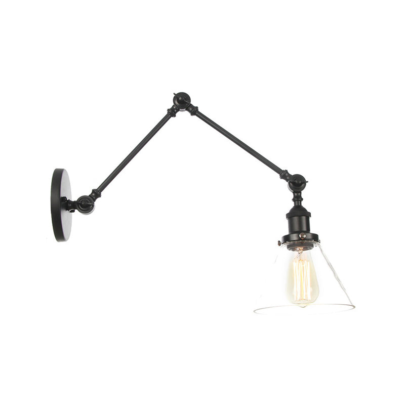 Swing Arm Dorm Room Task Wall Lamp Loft Iron Single Black/Black-Gold Wall Lighting with Ball/Bell Clear Glass Shade Black C Clearhalo 'Art deco wall lights' 'Cast Iron' 'Glass' 'Industrial wall lights' 'Industrial' 'Middle century wall lights' 'Modern' 'Rustic wall lights' 'Tiffany' 'Traditional wall lights' 'Wall Lamps & Sconces' 'Wall Lights' Lighting' 1917673